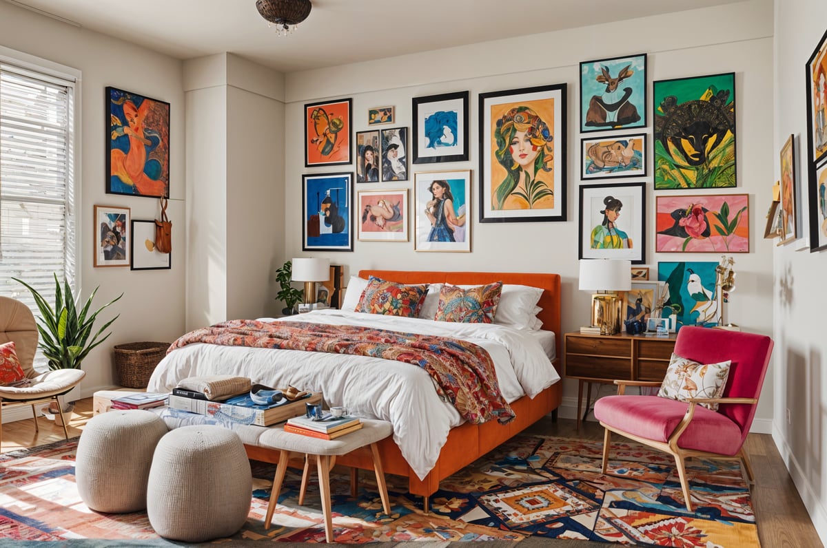 An eclectic bedroom with a colorful comforter and artwork on the walls.