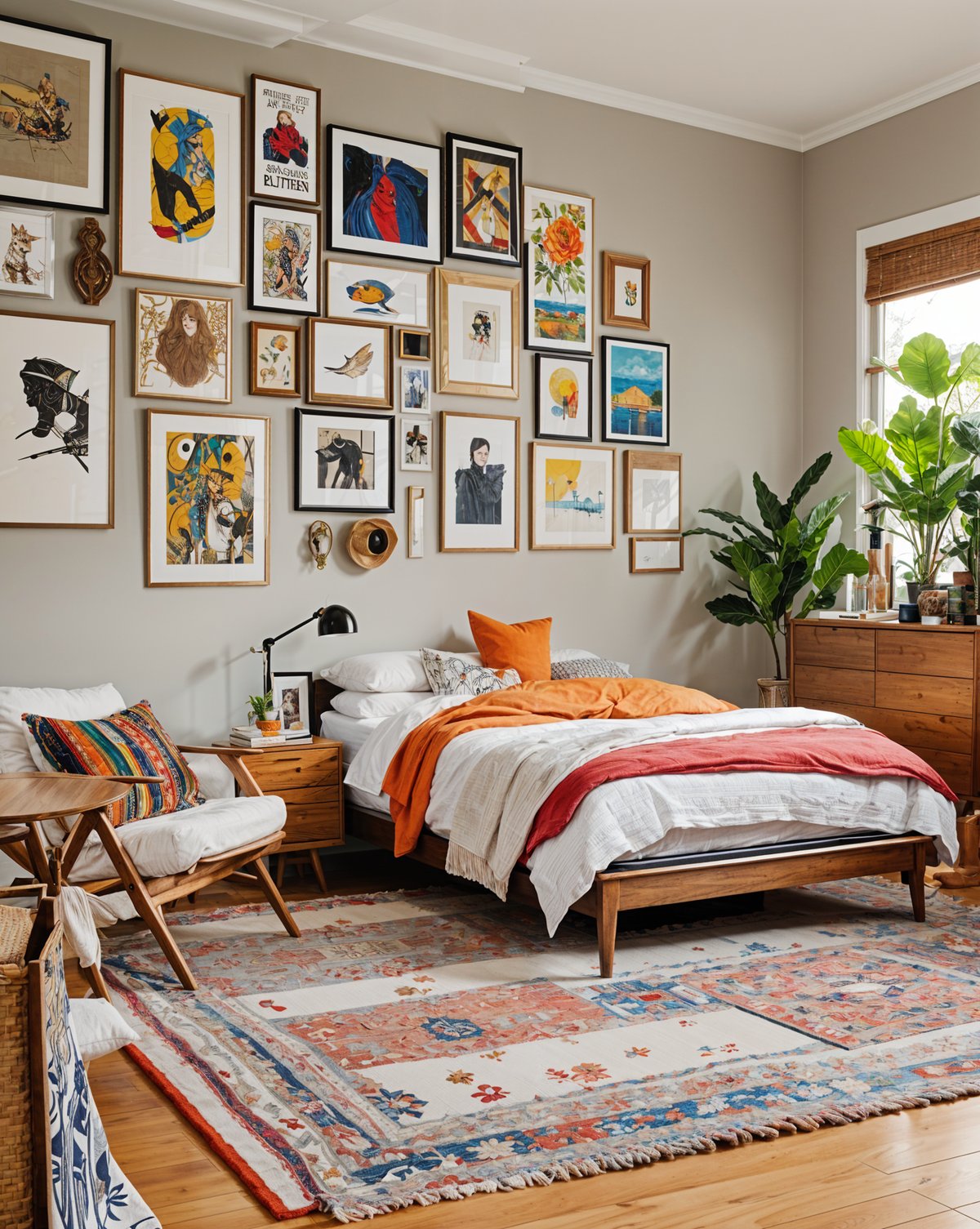 An eclectic bedroom with a large bed and a chair, featuring various artwork and potted plants.