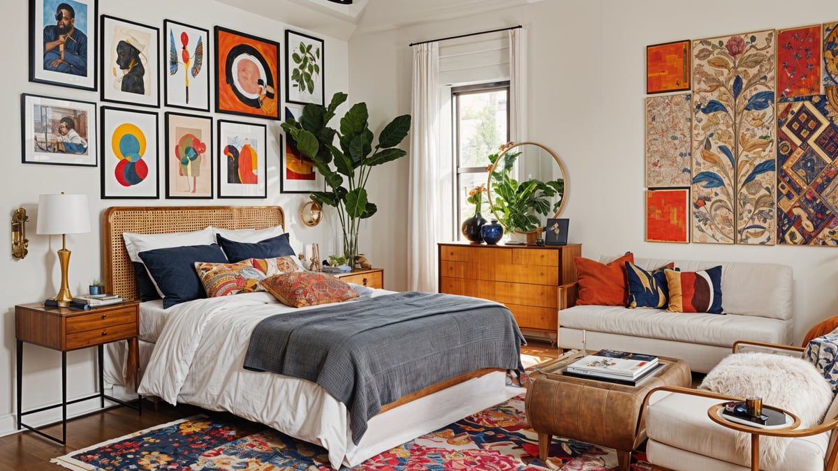 An eclectic bedroom with a large bed, a couch, and various decorative elements.