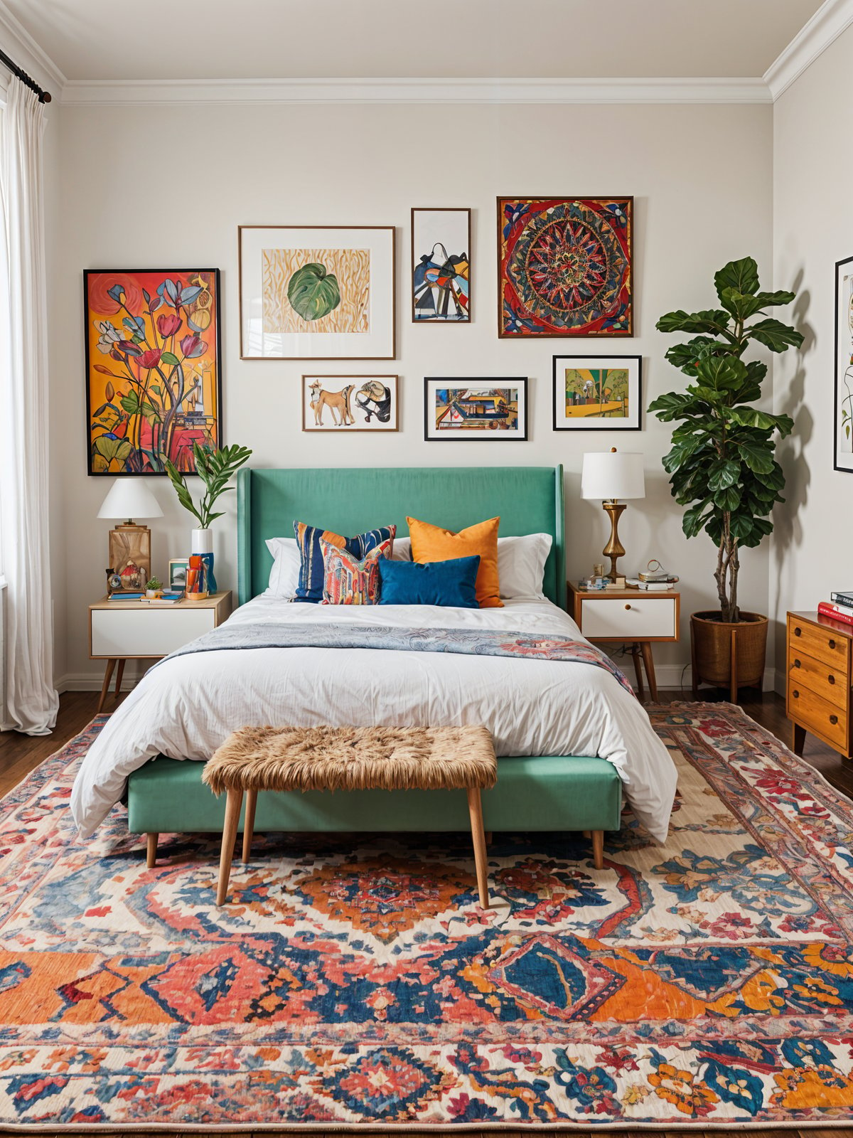 A bedroom with a large bed, eclectic artwork, and a colorful rug. The bed is positioned under a green headboard and features a colorful comforter.