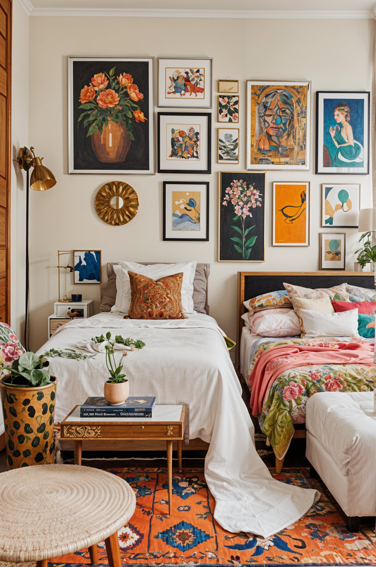 A cozy bedroom with an eclectic design featuring a bed, pillows, pictures on the wall, and two potted plants.