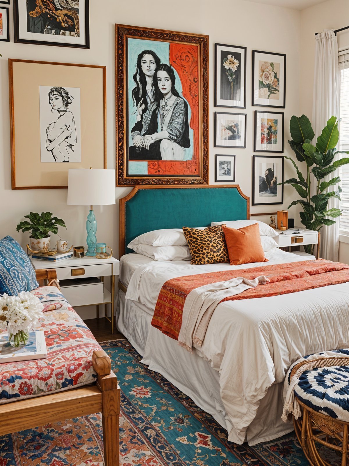 A cozy eclectic bedroom with a large bed, couch, chair, artwork, framed pictures, potted plants, and a book.