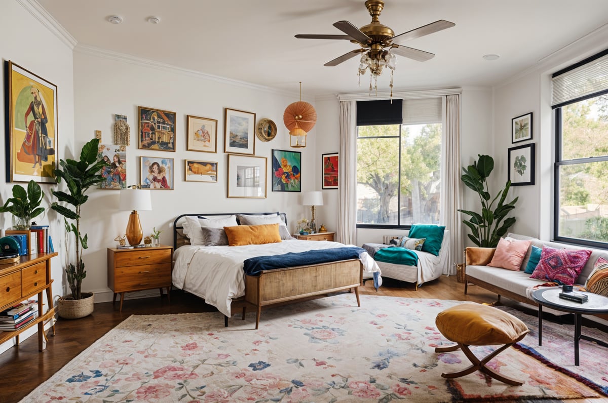 A large bedroom with a bed and two couches, featuring a colorful rug and a ceiling fan. The walls are adorned with various artworks, creating an eclectic and vibrant atmosphere.