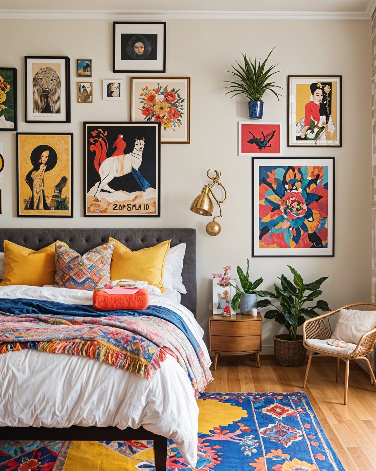 A bedroom with a bed, chair, and eclectic artwork on the walls. The bed is covered with colorful blankets and pillows, and there are potted plants in the room.