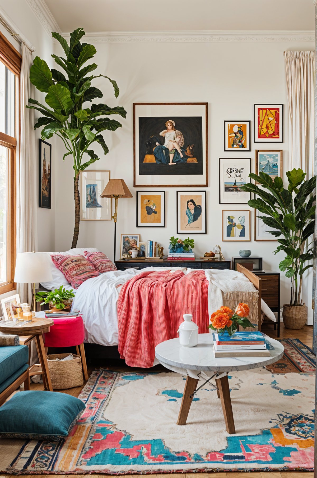 A cozy bedroom with an eclectic design style, featuring a large bed, a table with books, and two potted plants.