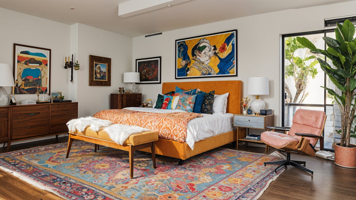 A bedroom with a large bed, colorful rug, and eclectic design.