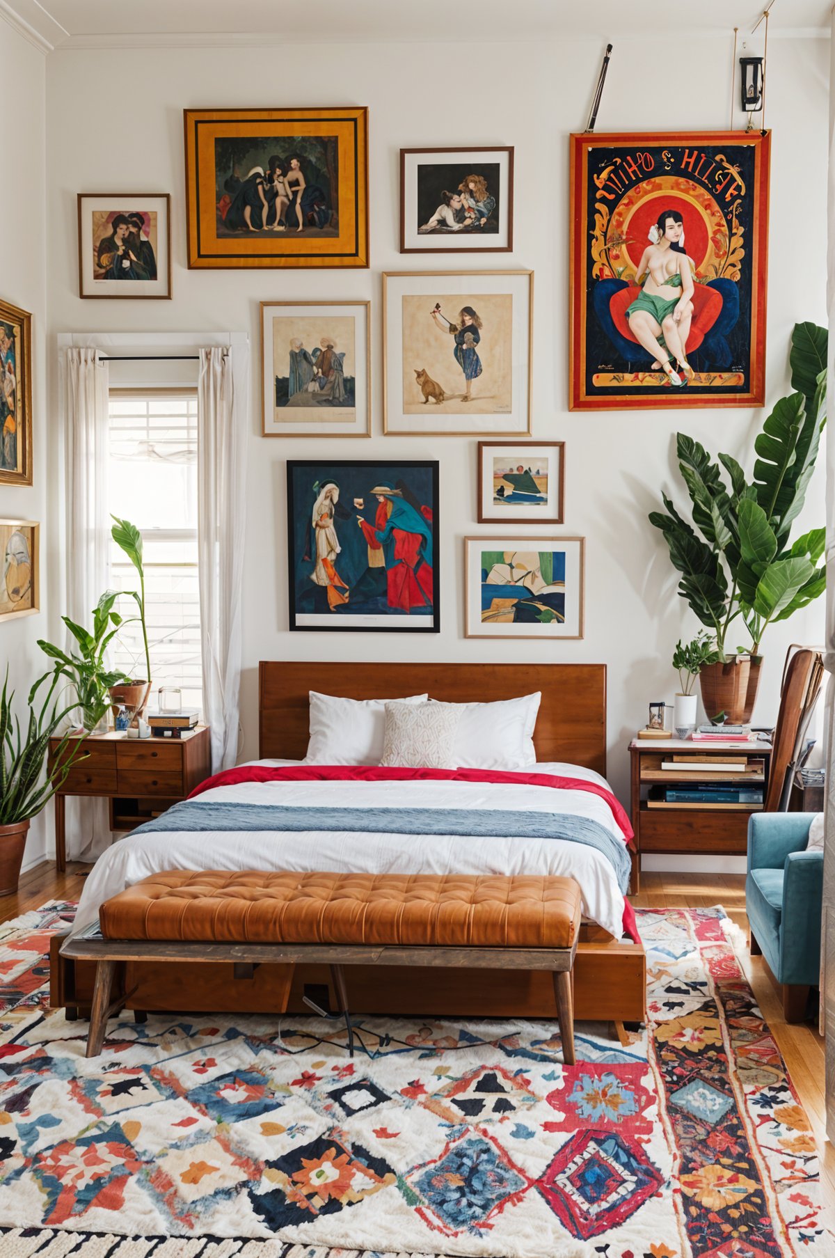 A bedroom with a large bed, bench, and eclectic artwork on the walls.