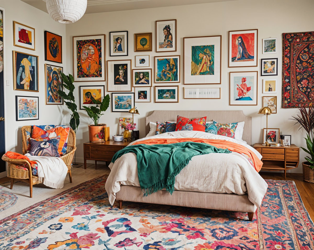 A cozy bedroom with a large bed, eclectic artwork, and a variety of pillows.