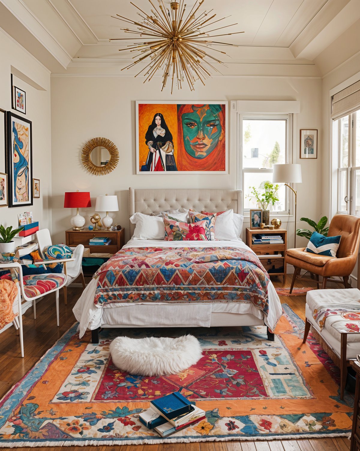 Eclectic bedroom with colorful comforter, chairs, couch, rug, dining table, and potted plant.