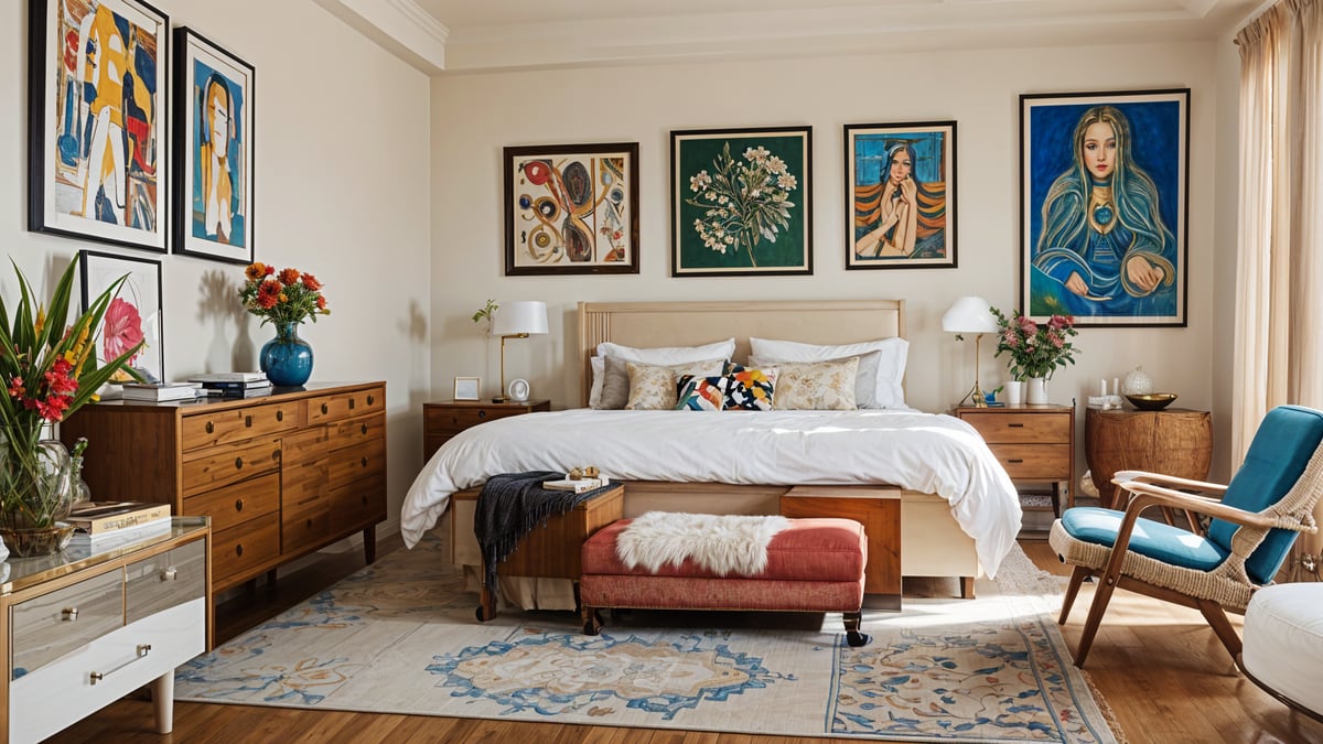 Eclectic bedroom with a large bed, bench, rug, and lamps on either side.