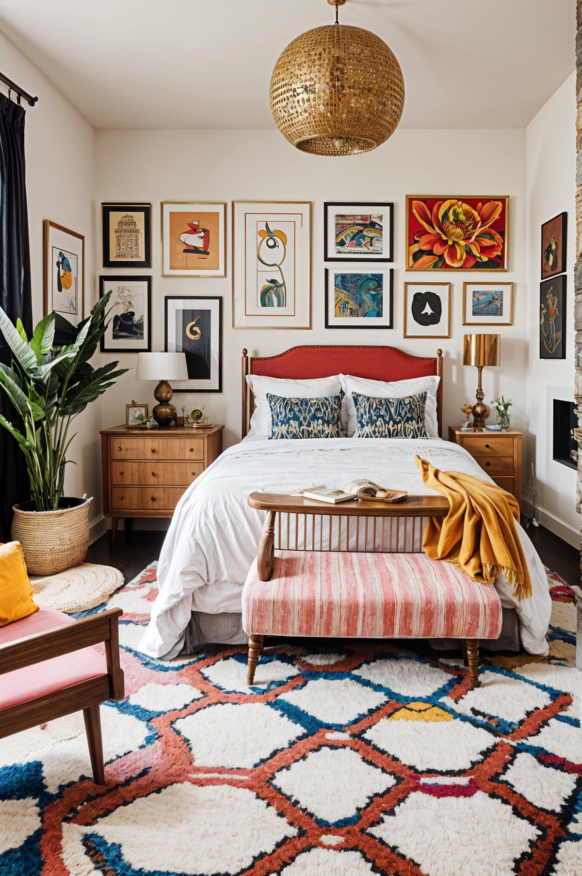 A cozy bedroom with an eclectic design style, featuring a white bedspread and a red headboard. The room is adorned with various artworks and pictures hanging on the walls.