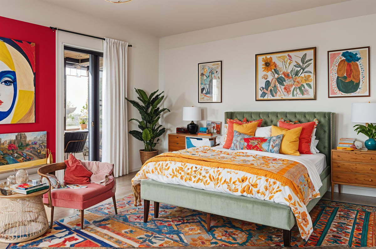 A bedroom with an eclectic design style, featuring a floral comforter, green headboard, and various potted plants.