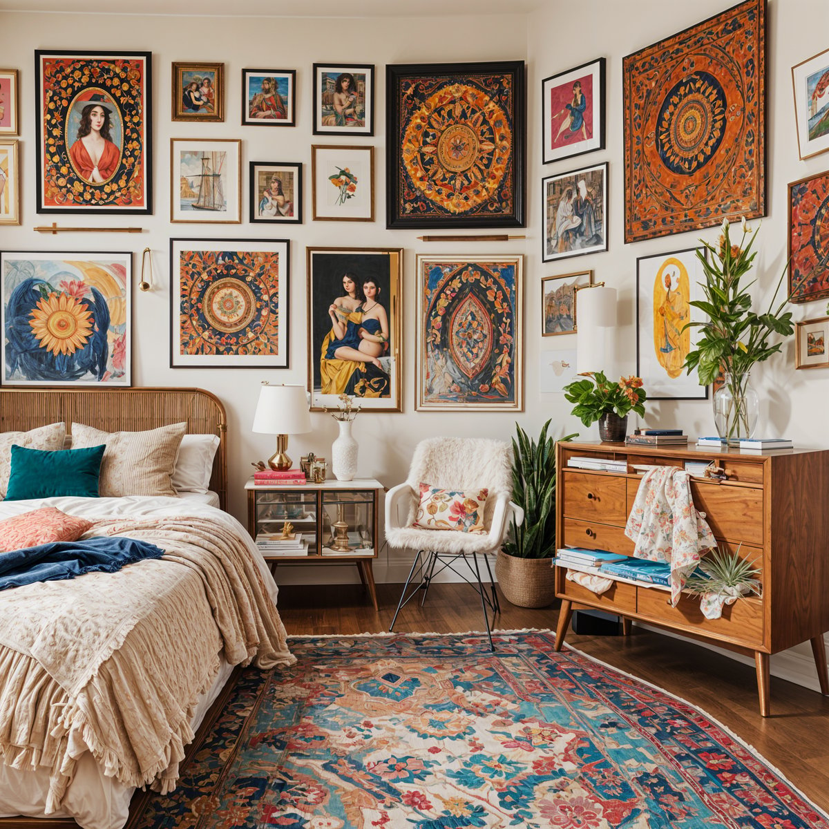 A cozy eclectic bedroom with a bed, chair, dresser, and various artwork and decorations.