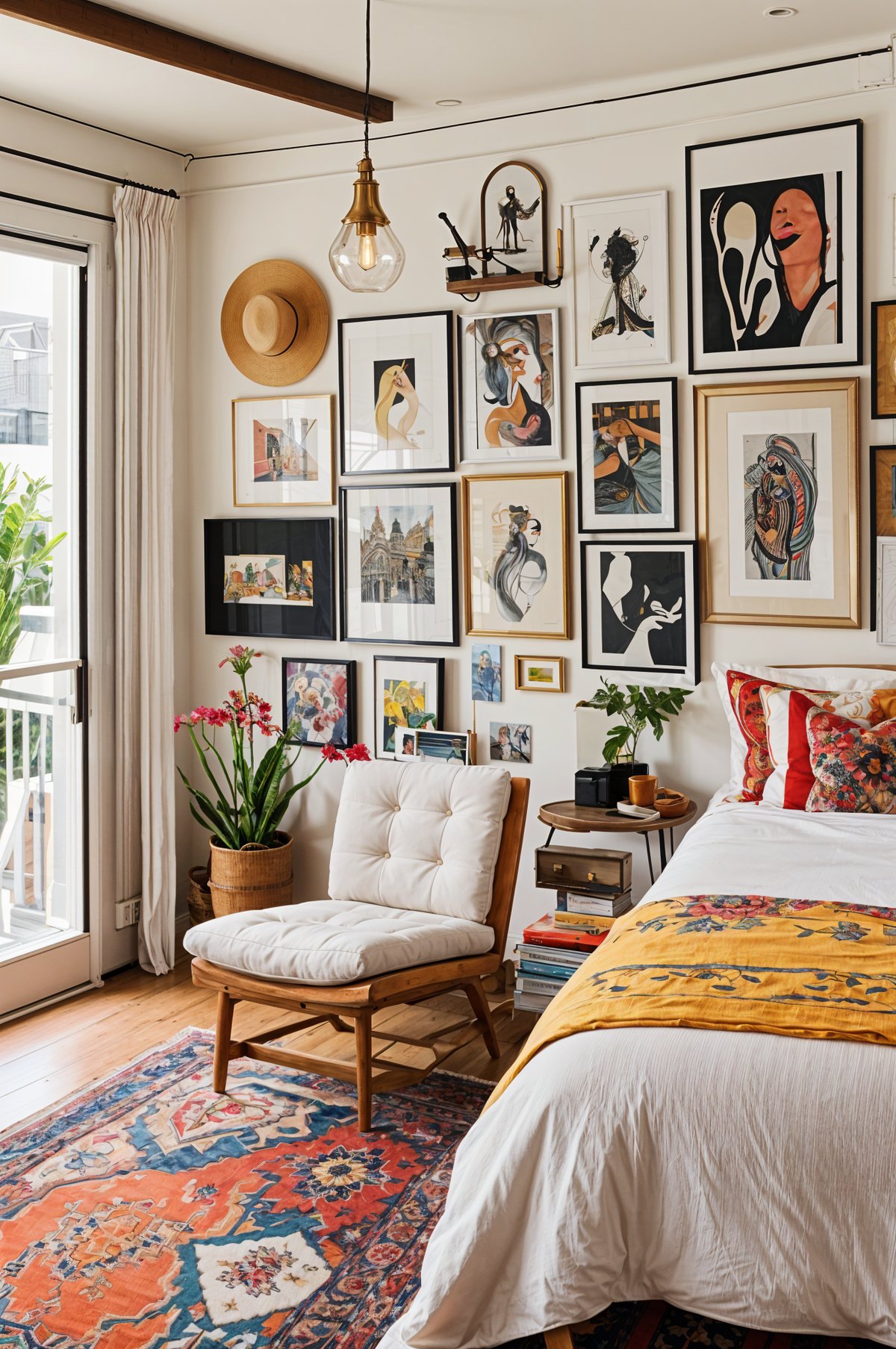 A cozy bedroom with an eclectic design style, featuring a mix of different artworks and decorative items. The room includes a bed, chair, potted plant, and vase.