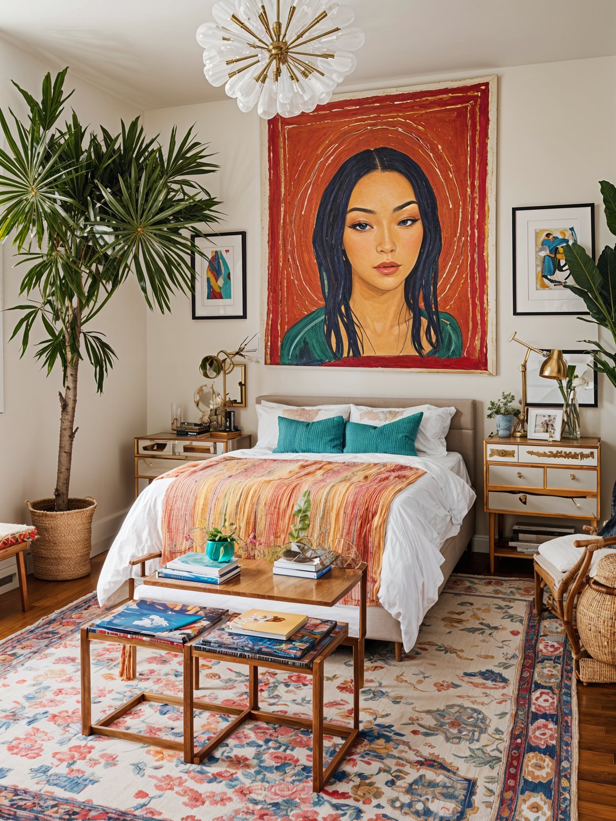 A bedroom with an eclectic design style, featuring a colorful comforter, a large painting of a woman's face, and various plants.