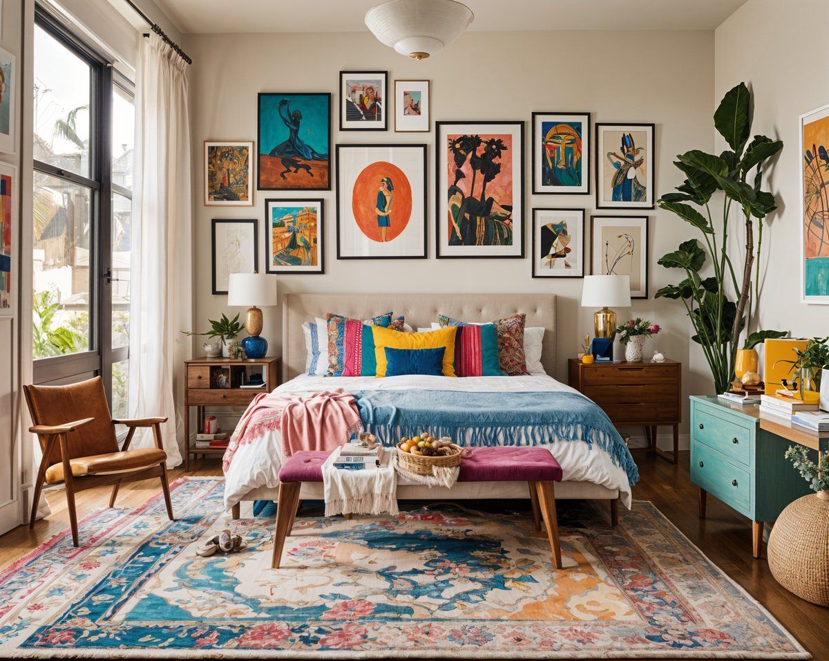 A bedroom with a large bed, a bench, a chair, and eclectic artwork on the wall.