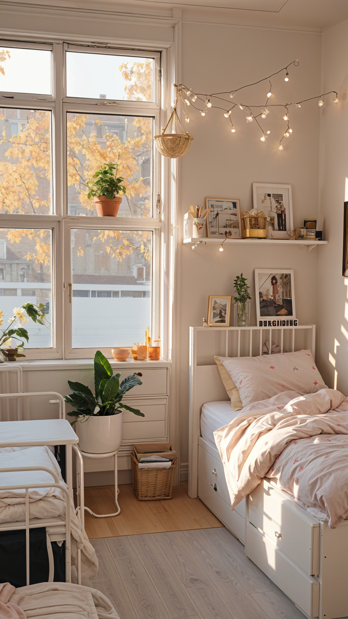 A cozy dorm room with a white bed, a window, and a shelf full of pictures and potted plants. The room is decorated with a colorful bedspread and a white chair.