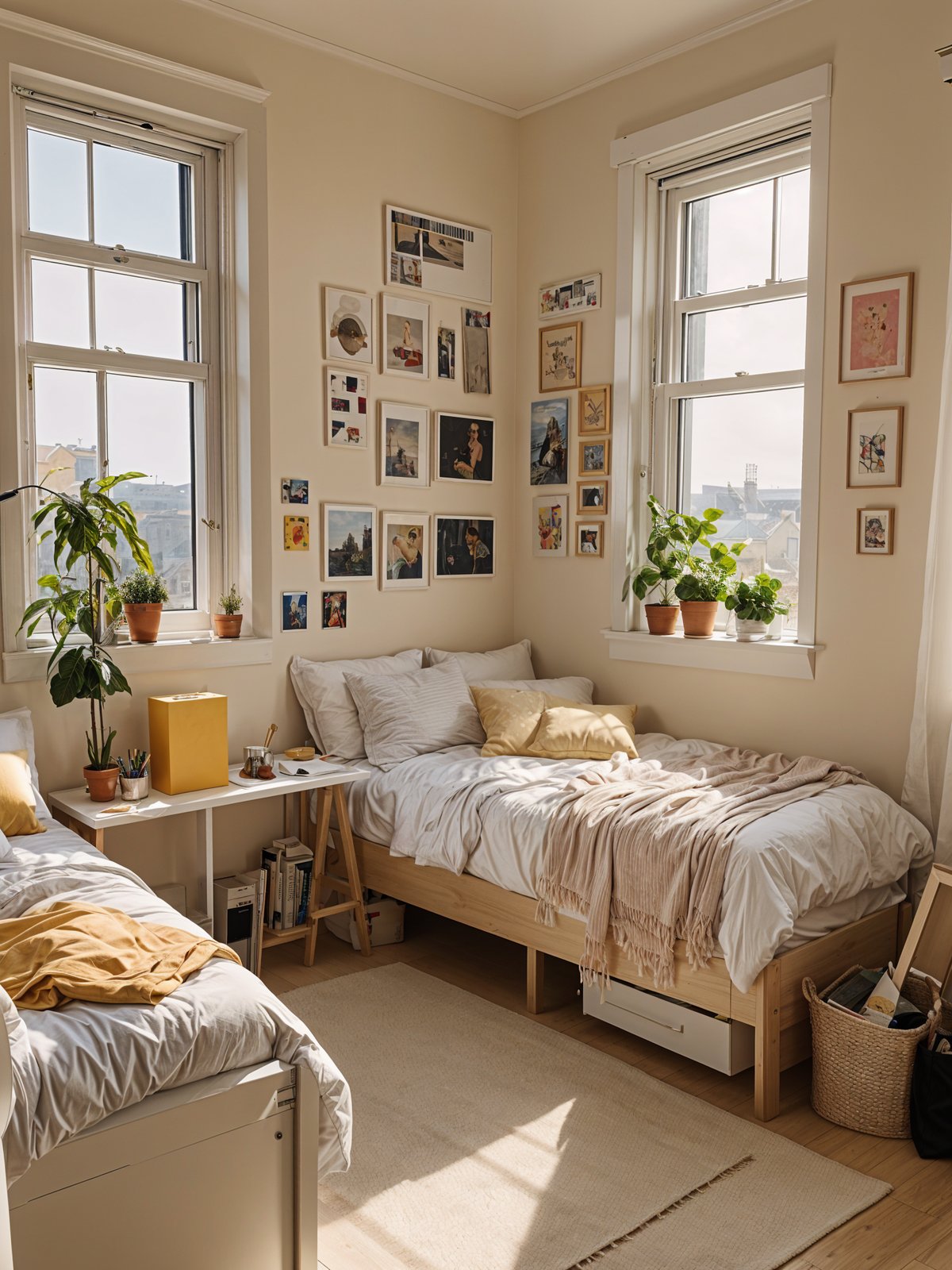 A cozy dorm room with a twin bed, window, and potted plants. The bed has a white comforter and a yellow pillow.