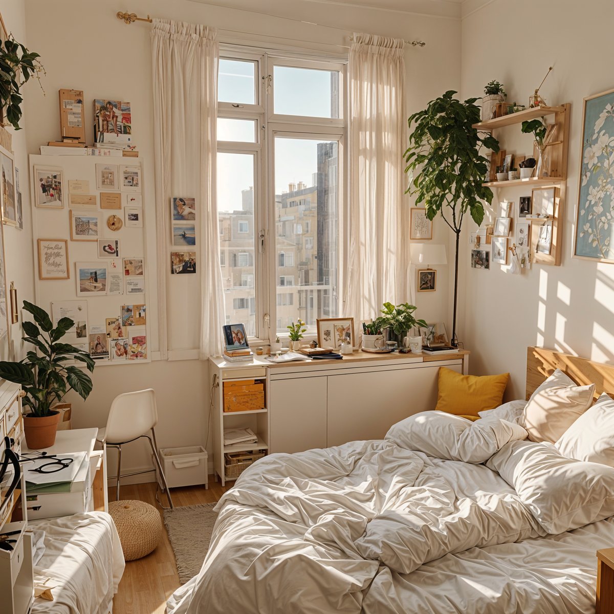 A cozy dorm room with a large bed, pink pillow, and various decorations. The room is decorated with potted plants and pictures on the wall.