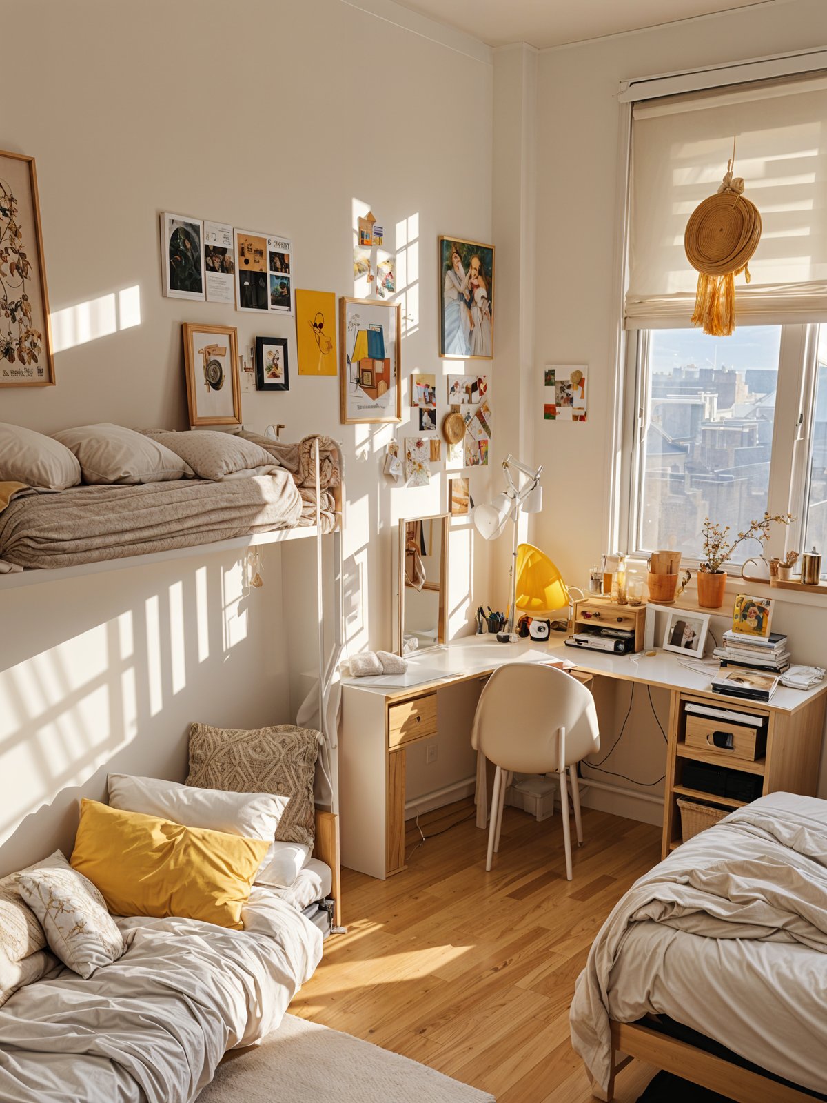 A cozy dorm room with a bed, desk, and chair. The room is decorated with various pictures and has a comfortable atmosphere. The bed is situated near a window, allowing for natural light to fill the space. The desk and chair are placed in the corner of the room, providing a dedicated workspace.