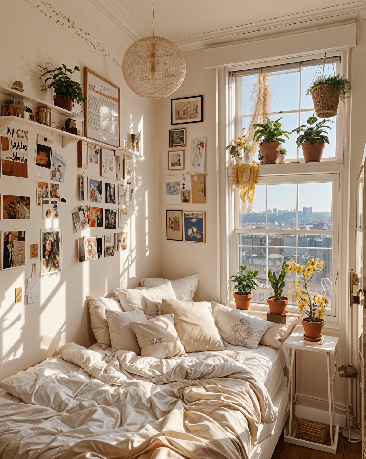 A cozy dorm room with a large bed and many potted plants.