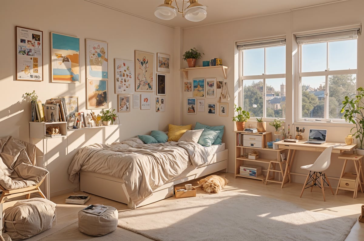 A cozy dorm room with a bed, a window, and various decorations. The bed is covered in a white comforter and has a yellow pillow. There are several potted plants and books scattered throughout the room, adding to the warm and inviting atmosphere. The room also features a large window that allows for natural light to fill the space.