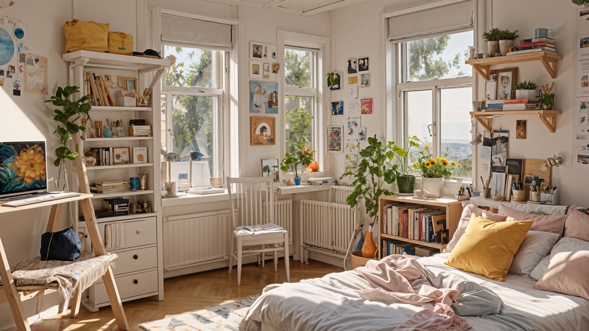 A cozy dorm room with a bed, chair, and bookshelf. The room is filled with various decorations and plants, creating a warm and inviting atmosphere.