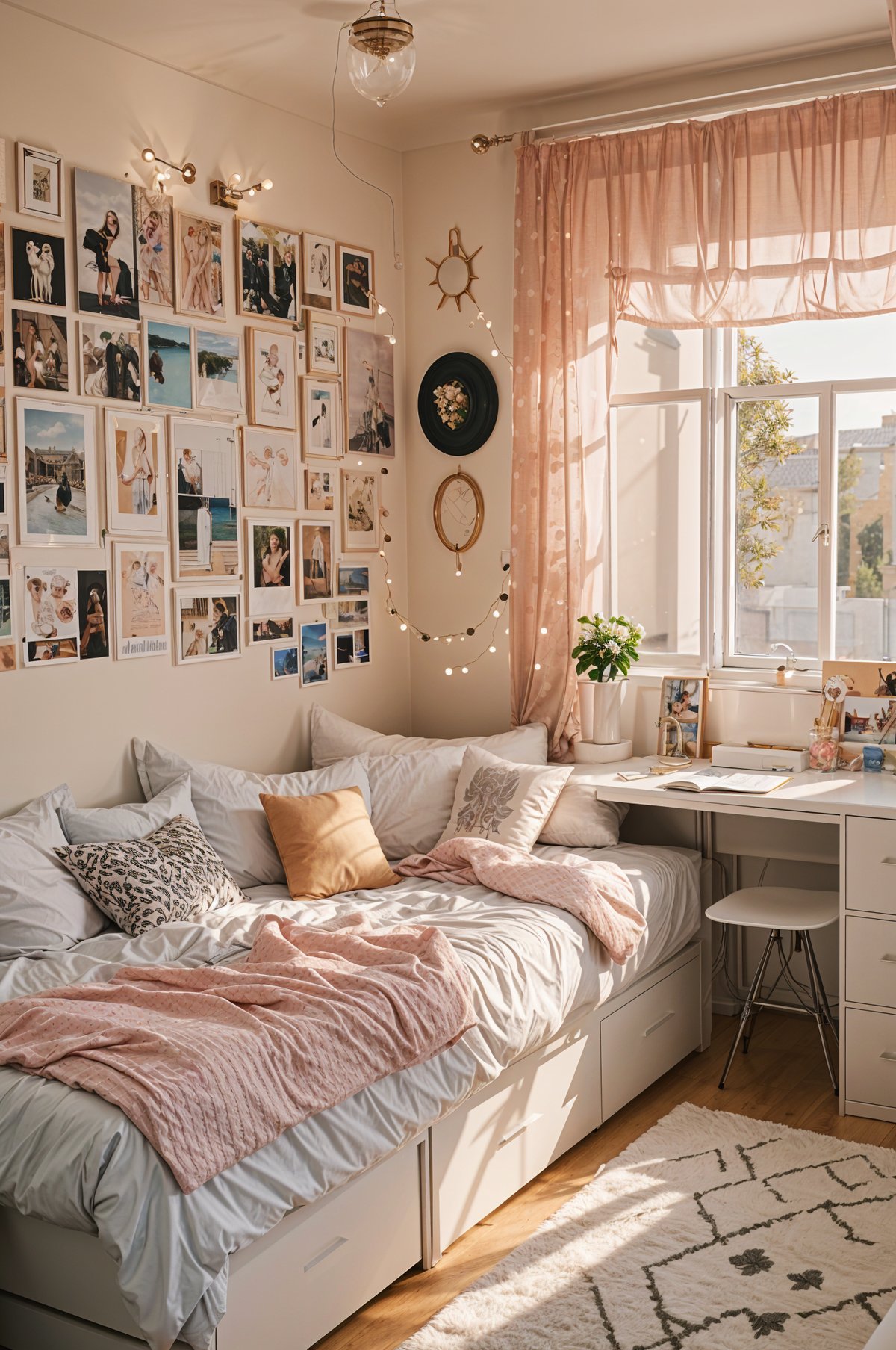 A bedroom with a bed, desk, and pictures on the wall. The bed has a pink blanket and a white pillow. There is a laptop on the desk and a potted plant nearby.