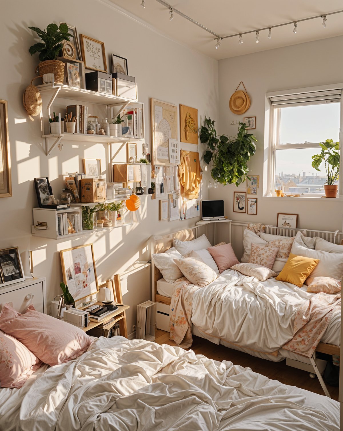 A dorm room with two beds, a shelf, and a window. The room is decorated with pink and white bedding and features a variety of plants and books.