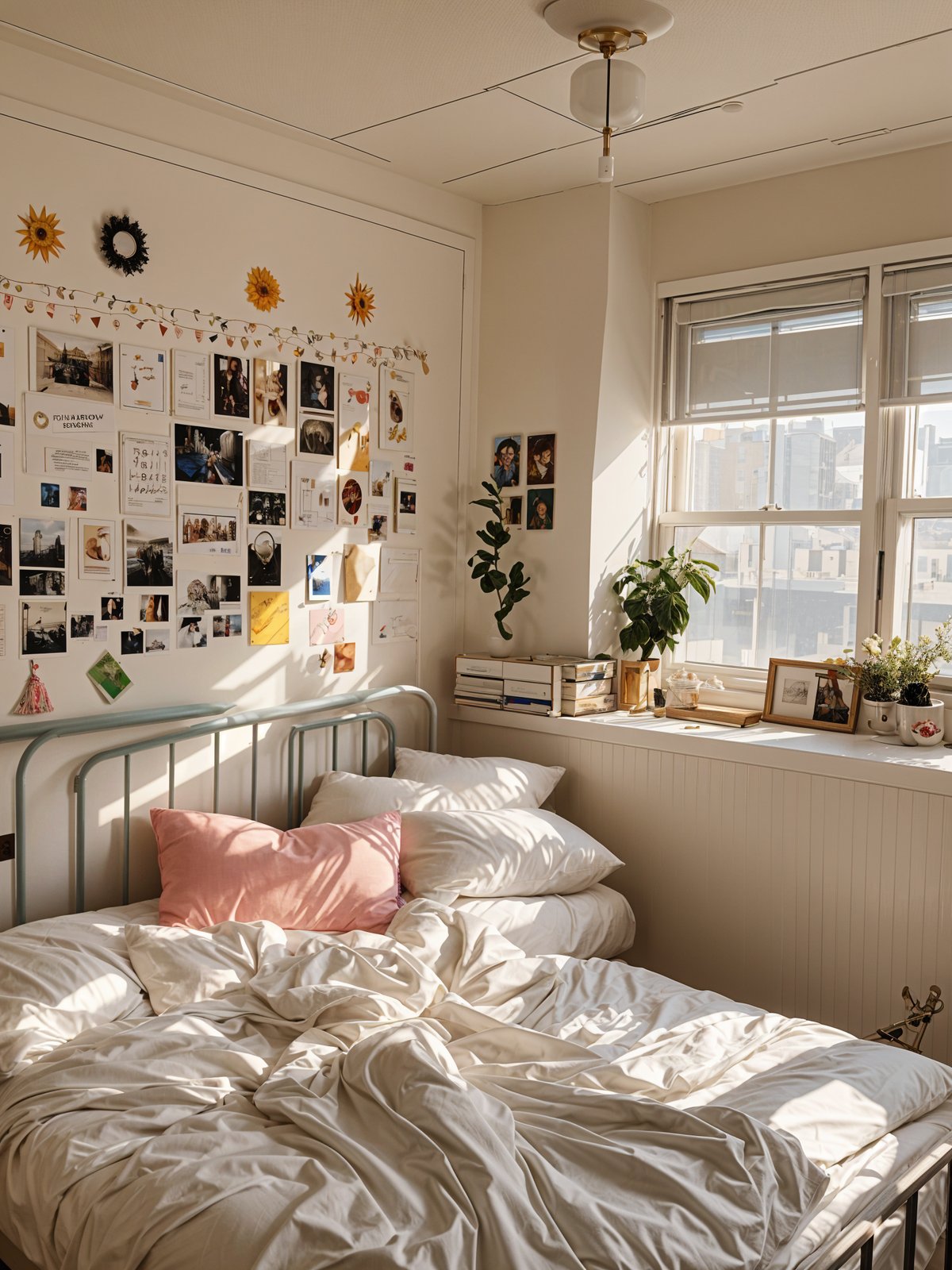 A bedroom with a bed, window, and pictures on the wall. The bed has a white comforter and a pink pillow.