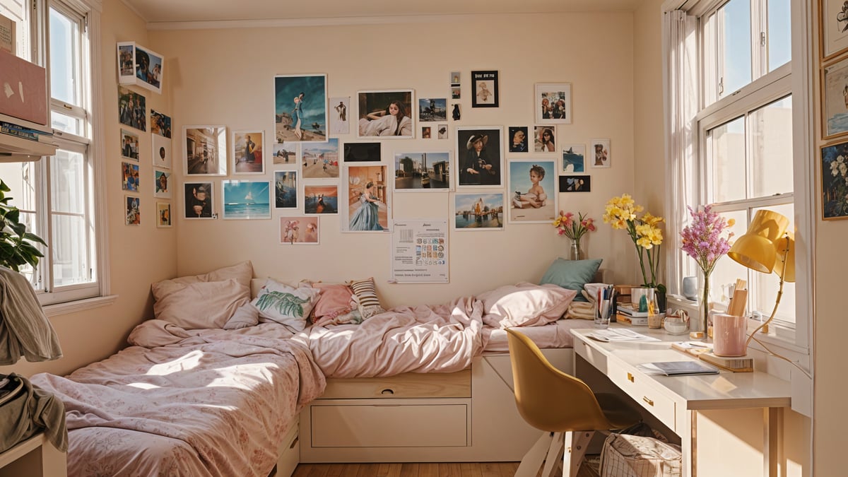 A cozy dorm room with a bed, a chair, and a desk. The walls are adorned with many pictures, creating a personalized and inviting atmosphere. The bed is covered in a pink comforter, and there is a yellow pillow on it. A vase of flowers sits on the desk, adding a touch of color and freshness to the room.