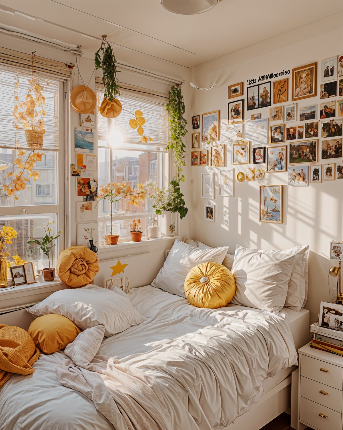 A cozy dorm room with a bed, pillows, and decorations. The bed is covered in white sheets, and there are yellow pillows and a yellow blanket. The room is decorated with many pictures on the wall, and there are potted plants and vases adding to the ambiance. The sunlight shining through the window creates a warm and inviting atmosphere.