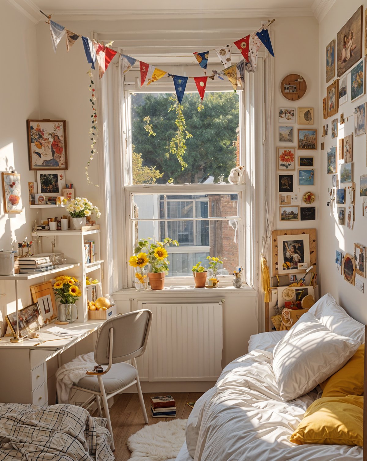 A dorm room with a bed, chair, and window. The room is filled with various decorations and has a view of the outside.