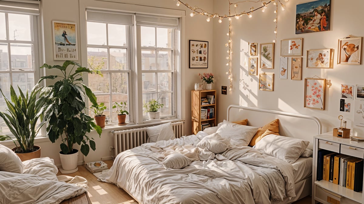 A cozy dorm room with a neatly made bed, large window, and various decorative elements.