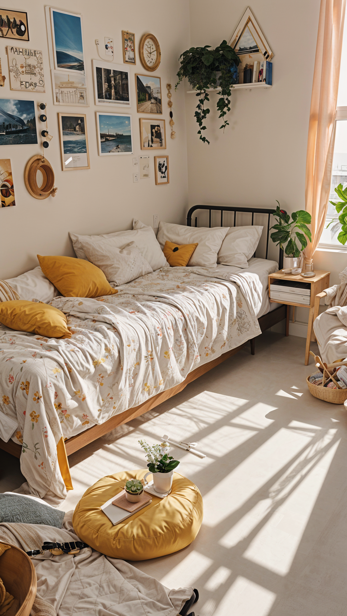 A cozy dorm room with a twin bed, floral print comforter, yellow pillows, potted plant and vase of flowers.