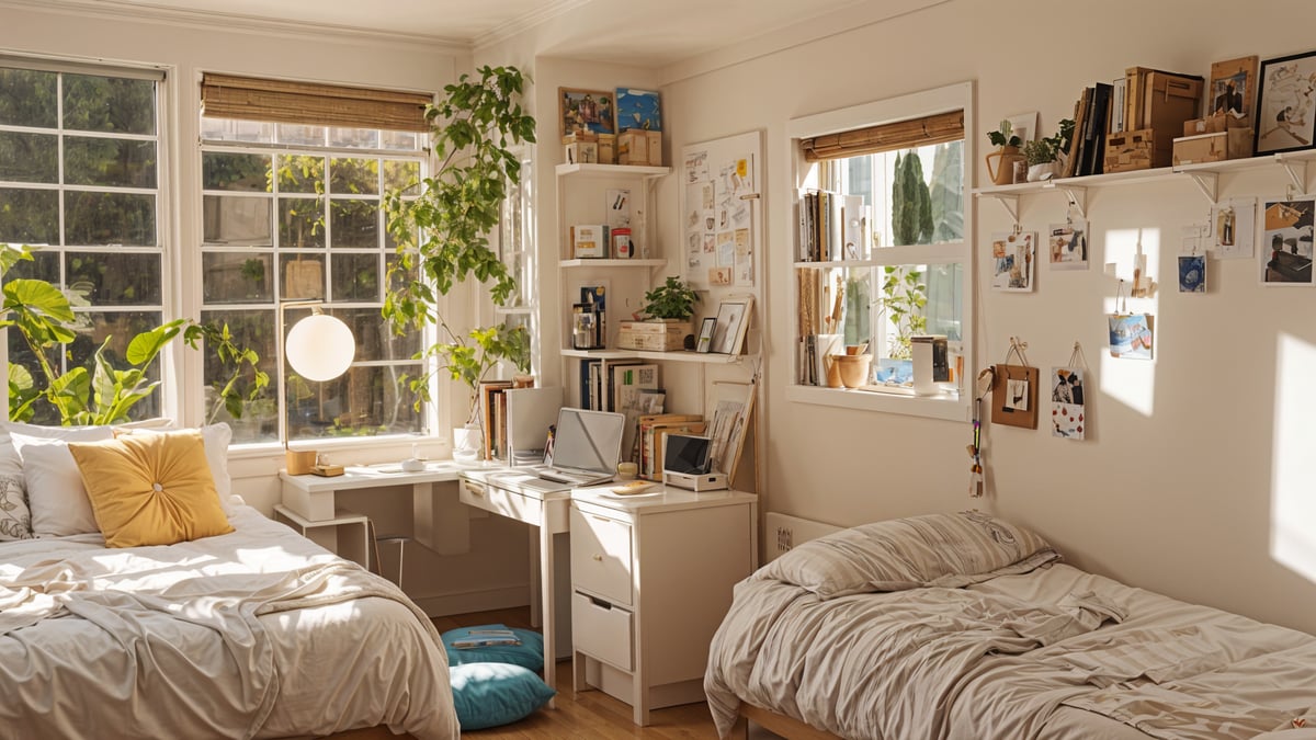 A dorm room with two beds and a desk with a laptop and books on it.