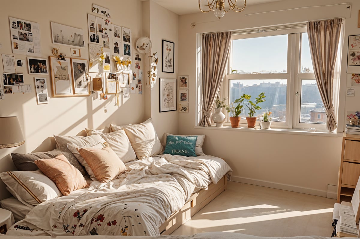 A bedroom with a bed, a window, and a collection of framed photos on the wall. The bed is covered in a white comforter and has a green pillow on it. There are also several potted plants in the room, adding a touch of greenery to the space.