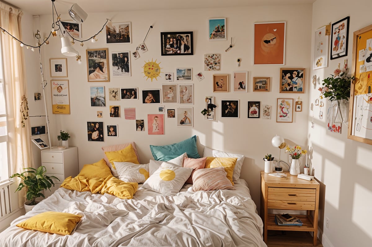 A bedroom with a bed and a wall full of pictures. The bed is covered in a white comforter and has yellow pillows. The wall is adorned with numerous pictures and decorations.