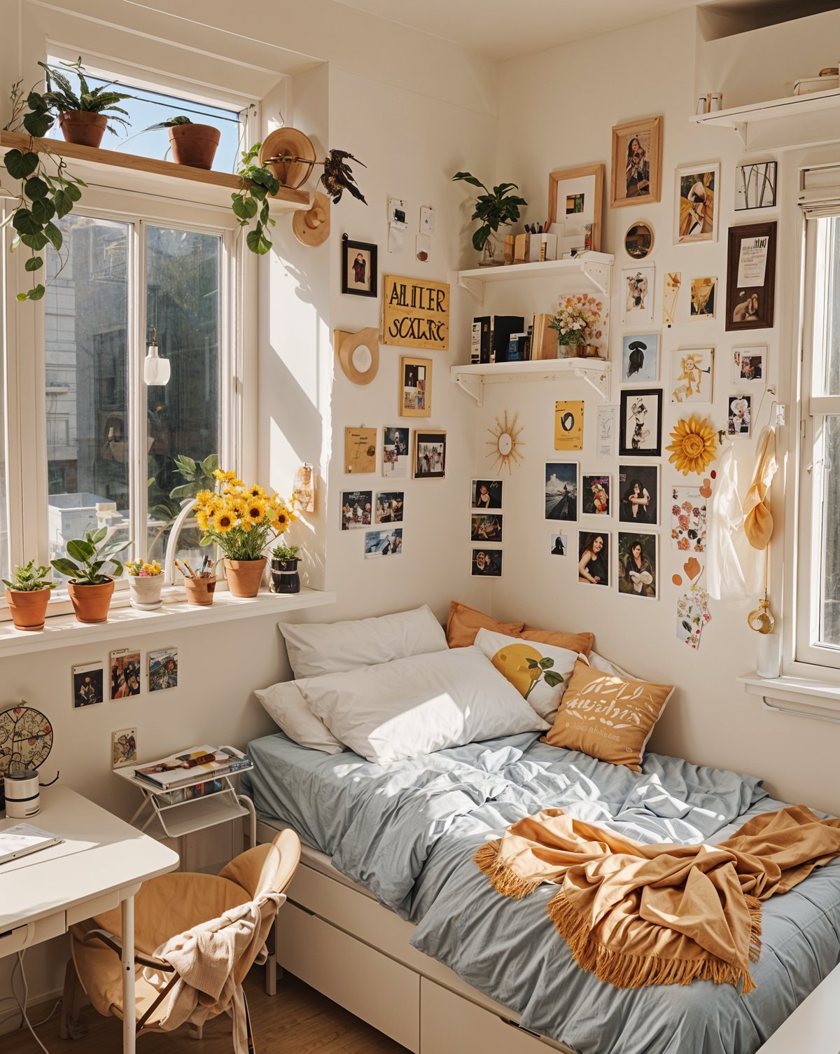 A dorm room with a bed, a desk, and a window. The walls are adorned with many pictures and decorations, creating a personalized and inviting atmosphere. The bed is covered with a blue comforter and features a white pillow and an orange pillow. The room also contains several potted plants, adding a touch of greenery and life to the space. The desk is situated near the window, providing a comfortable workspace with natural light.