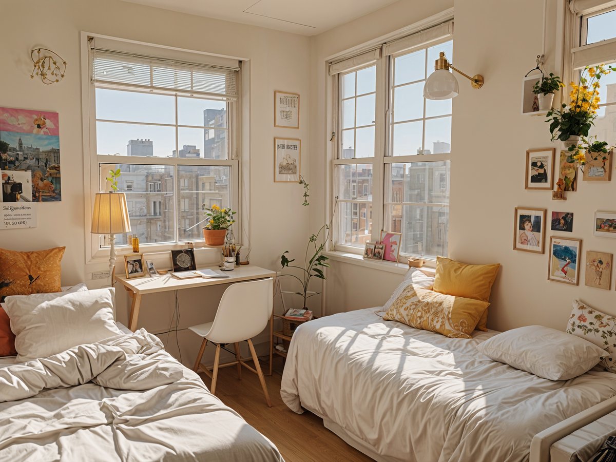 A small dorm room with two beds, a desk, and a chair. The room has a white color scheme and features a large window with a view of the city. There are also potted plants and pictures on the wall, adding a touch of personalization to the space.