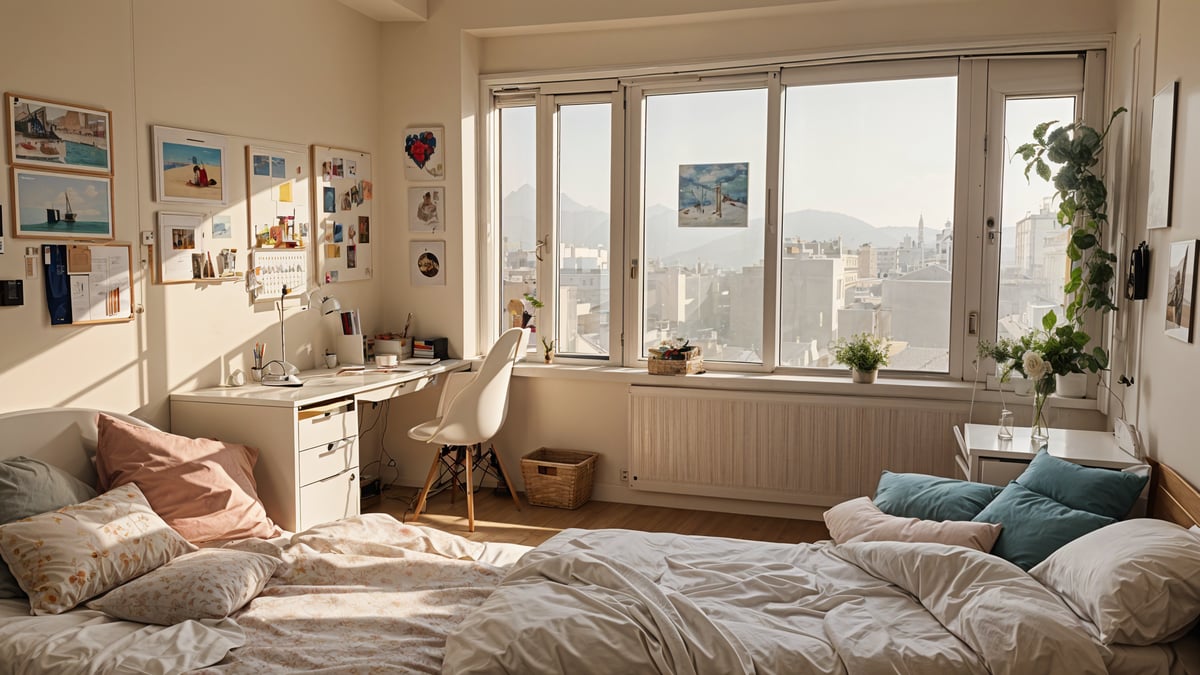 A cozy dorm room with a bed, desk, and window. The bed is situated under the window, providing a nice view for the occupant. The room is furnished with a chair and a potted plant, adding a touch of greenery to the space. The desk has a computer on it, making it a functional workspace for studying or working.