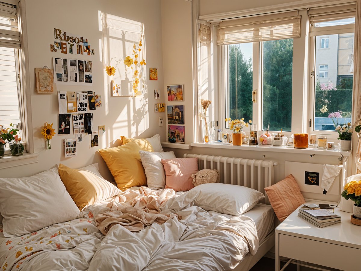 A cozy dorm room with a bed and a window. The bed is covered in white sheets and has a pink and yellow blanket. There are several pillows on the bed, including a yellow pillow and a pink pillow.