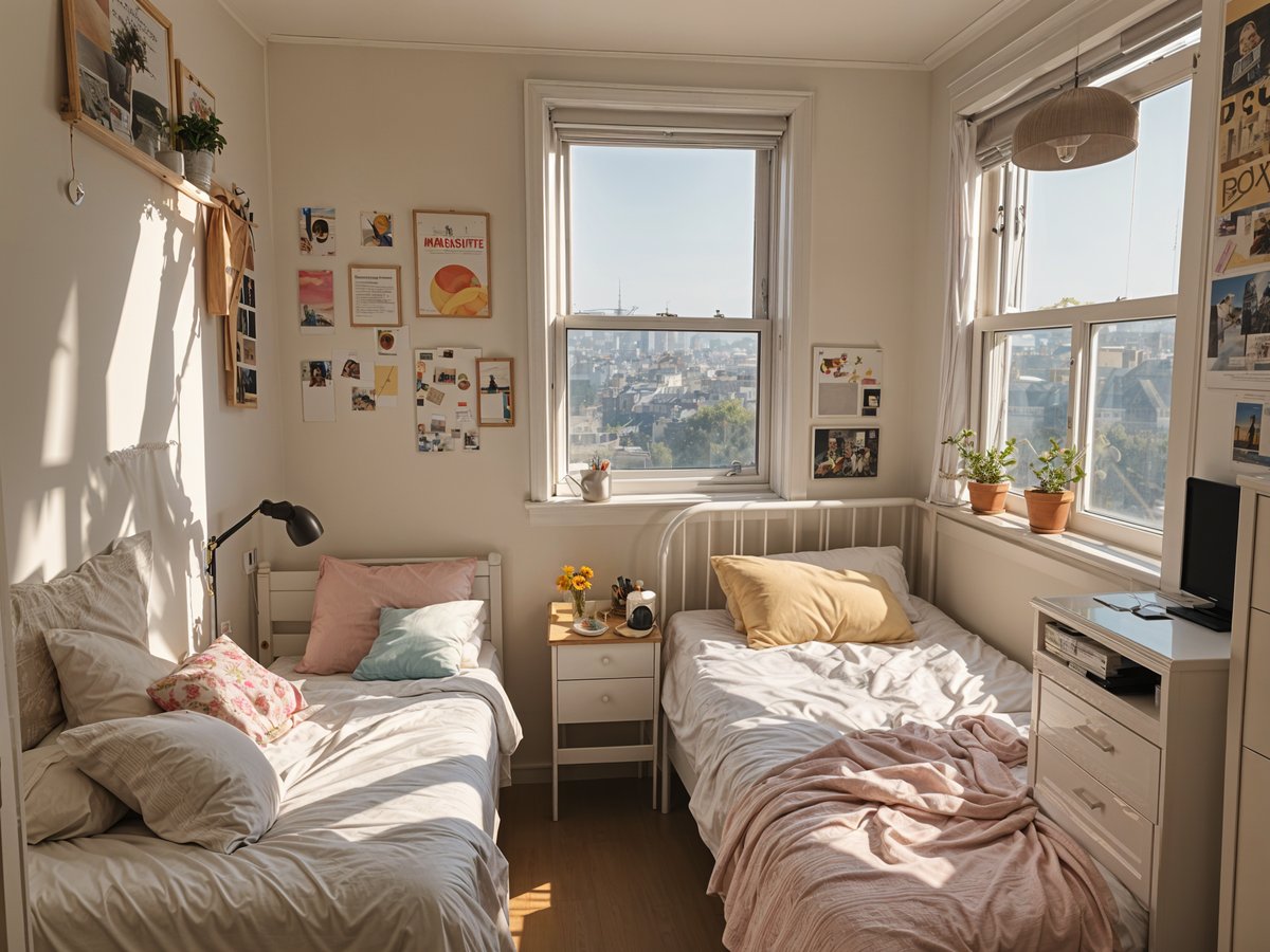 A cozy dorm room with two twin beds and a window overlooking the city. The room is decorated with various items such as potted plants, vases, and a clock.