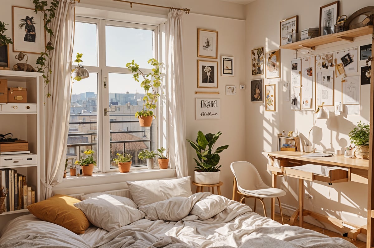 A dorm room with a bed, desk, and many potted plants. The room is brightly lit by a large window and features a white bed with a white pillow. There is a chair and a desk with a laptop on it. The room is decorated with various pictures and plants, creating a warm and inviting atmosphere.