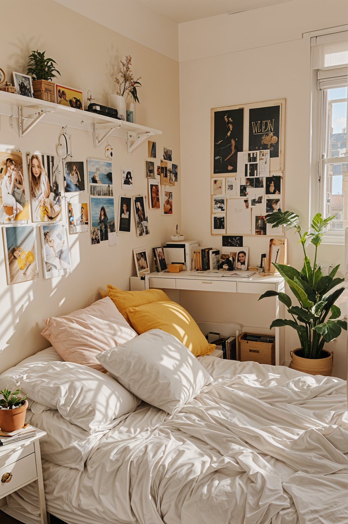 A dorm room with a bed, a desk, and a potted plant. The bed has a white comforter and pillows, and the walls are decorated with pictures and posters. The desk has a laptop and a few books on it. The potted plant is located near the bed, adding a touch of greenery to the room.