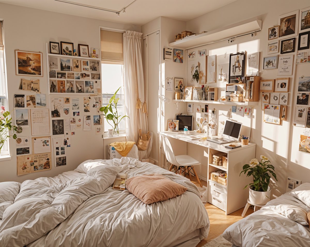 A dorm room with a bed, desk, and various decorations. The room is filled with pictures and memorabilia, creating a personalized space for the student.