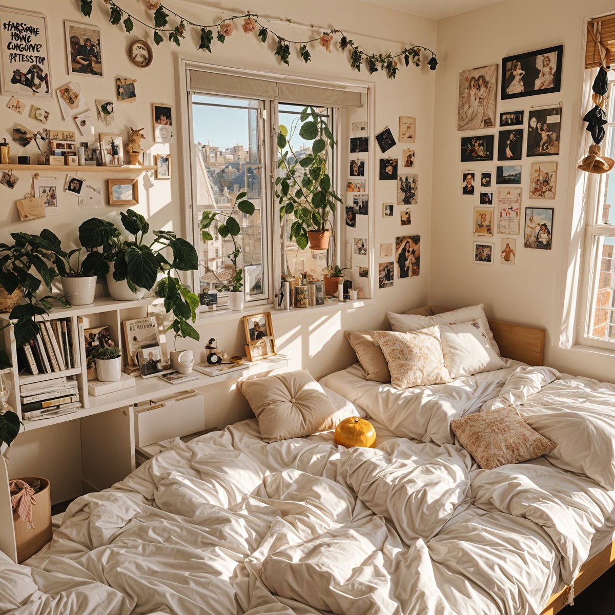 A cozy dorm room with a large bed, a window, and various decorations. The bed is covered in white sheets and has a yellow hat on it.