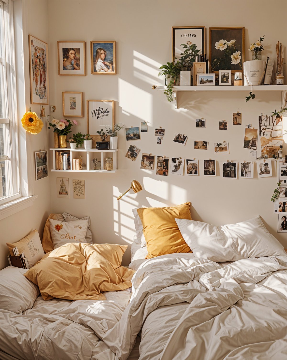 A cozy dorm room with a white bed and yellow pillows. The walls are adorned with various pictures and decorations, creating a personalized and inviting atmosphere.