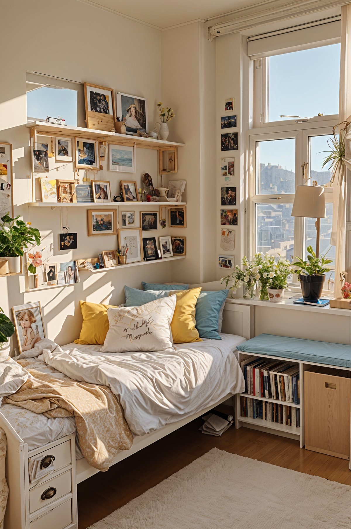 A cozy dorm room with a bed, shelves, and a window. The room is filled with pictures and plants, creating a warm and inviting atmosphere.