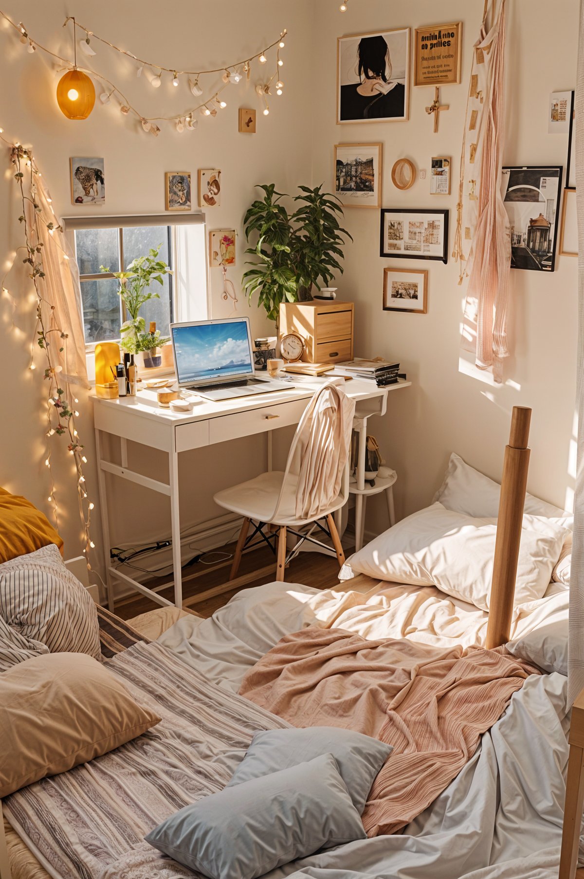 A bedroom with a bed, desk, and chair. The bed has a pink comforter and there is a laptop on the desk.